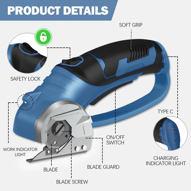 Pratuor Cordless Electric Scissors, 4V Box Cutter & Cardboard Cutter with Upgrade Blade, LED Light, Safety Lock - Rechargeable Rotary Cutter for Fabric, Leather, Plastic, Sewing, Industrial (Steel Blue) - Image 5